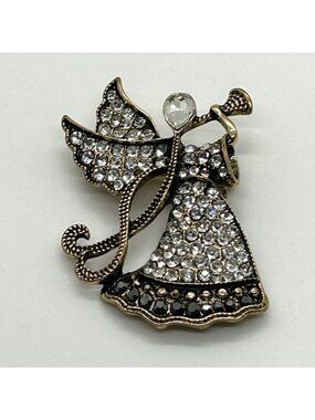 Vintage Monet Brooch Gold Tone Rhinestone Trumpeting Angel Guardian Christmas